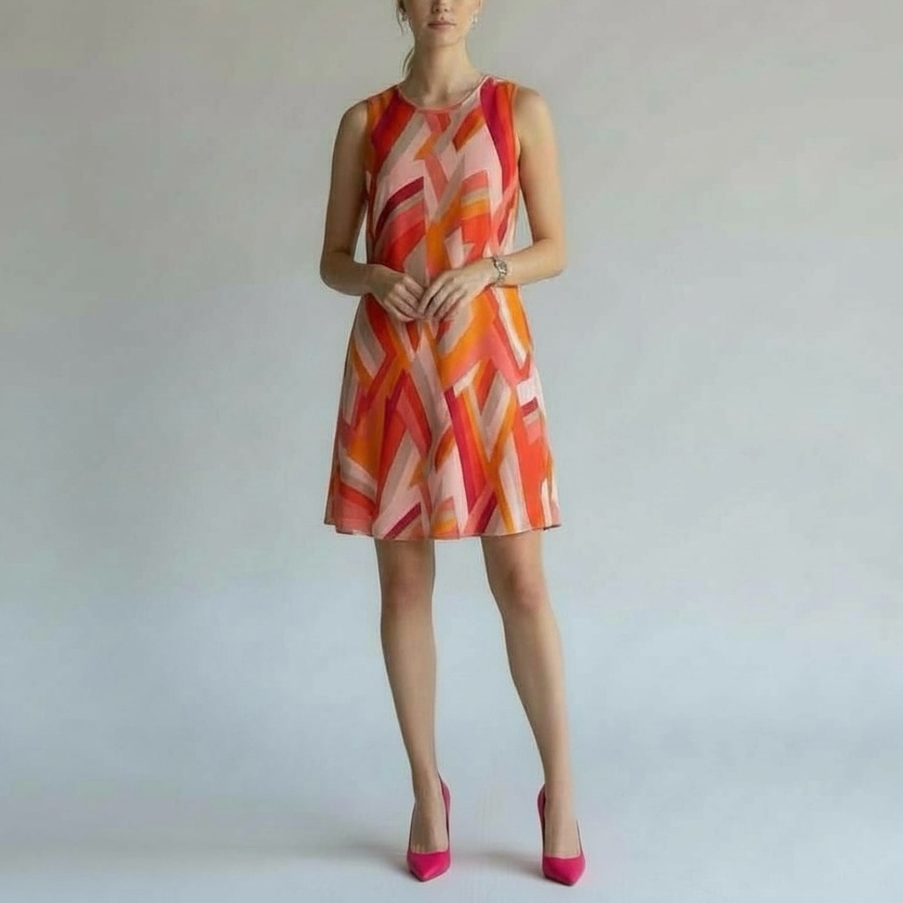 Calvin Klein Chiffon Geometric Sleeveless Dress Size 12 Orange Multi